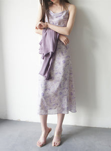 Lilac Purple Floral Spaghetti Strap Slim A Line Midi Casual Dress