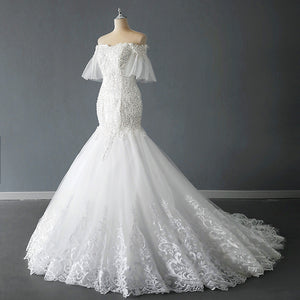 Off Shoulder Flare Short Sleeve Bridal Train Starry Bridal Wedding Dress