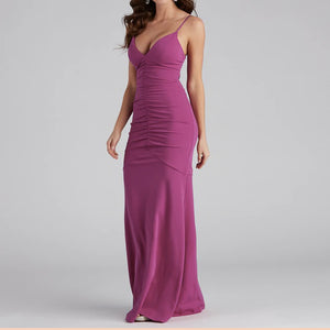 Spaghetti Strap Ruched Bustier Ruched Floor Length Mermaid Evening Dress