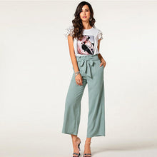 Load image into Gallery viewer, hot sell new design leisure green ladies long pants belted elastic high waisted wide leg trousers female clothes
