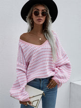 Load image into Gallery viewer, women v neck jacquard striped sweater pullover
