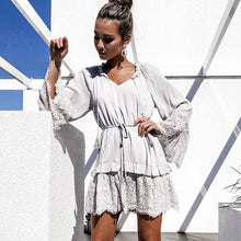 Load image into Gallery viewer, womens long sleeve flare ruffled lace contrast V neck tassel chiffon dress
