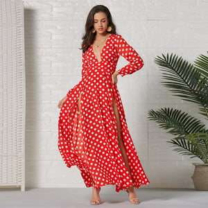 Deep V Neck Polka Dot maxi dress long sleeve