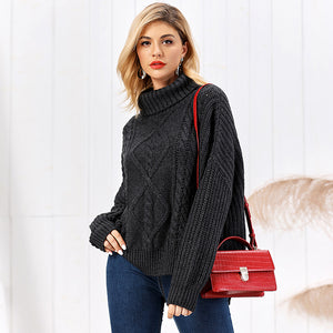 Latest elegant high quality fashionable cable pattern turtle neck slit hem wool loose short sweater for women