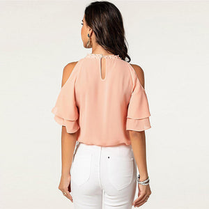 Pretty halter beaded neck off shoulder 2-layer short sleeve top