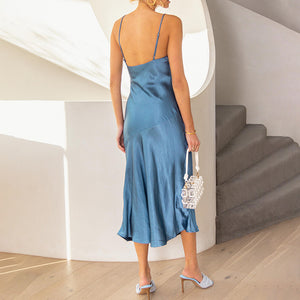 Navy Pleat Satin Spliced High Slit Mermaid Spaghetti Midi Casual Dress