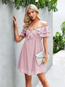 Solid Frilled Off Shoulder Tie Mini Casual Dress