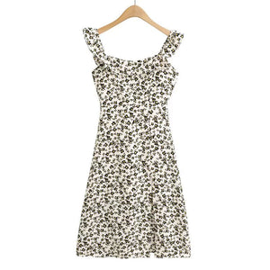 French Style Vintage Square Neck Floral Ruffle Slip Midi Casual Dress