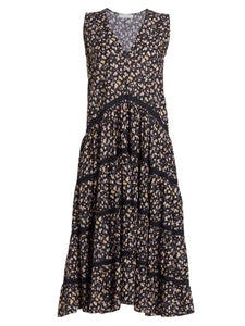 Sleeveless V Neck Lace Contrast Floral Cotton Swing Casual Dress