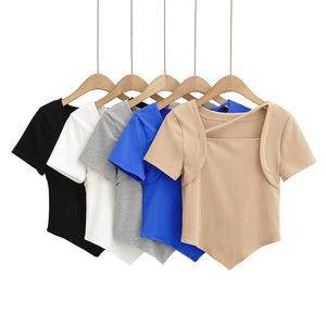 Five Colorway Square Neck Asymmetrical Short Sleeve T Shirt