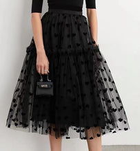 Load image into Gallery viewer, High Waist Heart Flocking Solid Pleated A Line Tulle Midi Skirt

