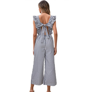 Casual Elegant Ruffle Sleeve Slim V Neck Striped Jumpsuit