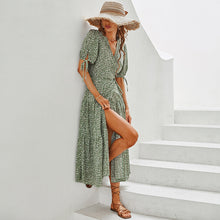 Load image into Gallery viewer, Spring Summer V Neck Short Sleeve Asymmetrical High Waist Slit Big Flare Midi Casual Dress
