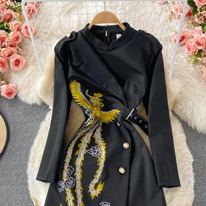 Autumn Vintage Chinese Style Phoenix Embroidered Midi Formal Event Dress