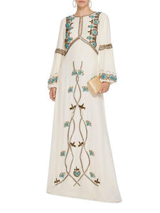 floor length long lantern sleeves ethnic dress flower pattern white embroidery boho dress