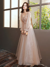Load image into Gallery viewer, Elegant Long Sleeve Autumn Glittering Beaded Embroidery Champagne Evening Dress
