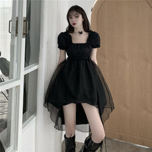 Load image into Gallery viewer, Black Organza Square Neck Puff Sleeve High Low Hem Casual Dress
