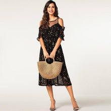 Laden Sie das Bild in den Galerie-Viewer, Black boho transparent O neck dot printing ruffled sleeve elastic waist nice lady wear off shoulder summer dress
