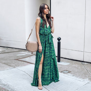 Tropical Leaf  V-neck Sleeveless Maxi Boho Dress