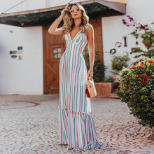 Load image into Gallery viewer, Trendy elegant lady summer modern maxi frock striped fitness spaghetti strap woman dress holiday wear
