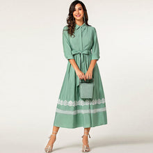 Laden Sie das Bild in den Galerie-Viewer, Green elegant elbow sleeve lace belted long button shirt dress
