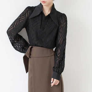 Woman Peaked Lapel Vintage Spliced Embroidery Shirt