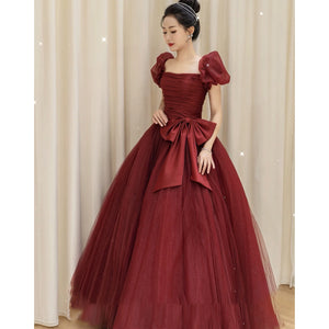 Burgundy Bridal Dress Puff Sleeve Long Princess Dress Stage Performance Birthday Puffy Evening Dress