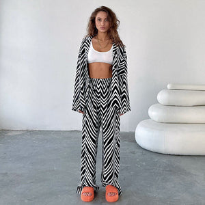 Oversized Black White Stripe Shirt Pants Two Piece Set Casual Homewear Set