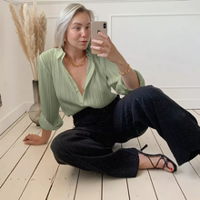 Load image into Gallery viewer, Women Elegant Mature New Design Pleated Satin Loose Shirt Pants Two Piece Set
