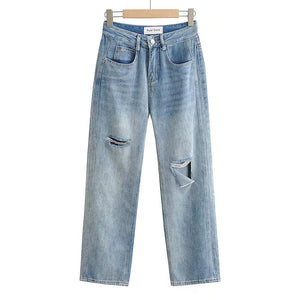 2022 Autumn New Design Denim Pants High Waist Destressed Wide Leg Straight Jeans