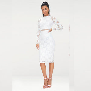 Elegant woman autumn spring wear knee length fashion women hollow out lace dress