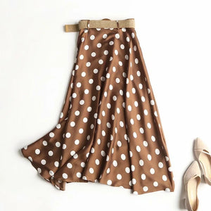 Thick Satin Polka Dot Placket Button Up Flare Midi Skirt
