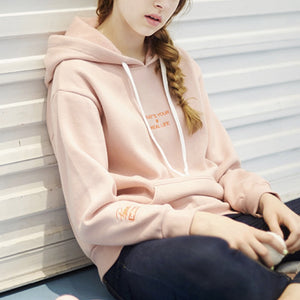 Autumn Winter Girls Warm Letter Embroidery Thick Fleece Drawstring Hoodie
