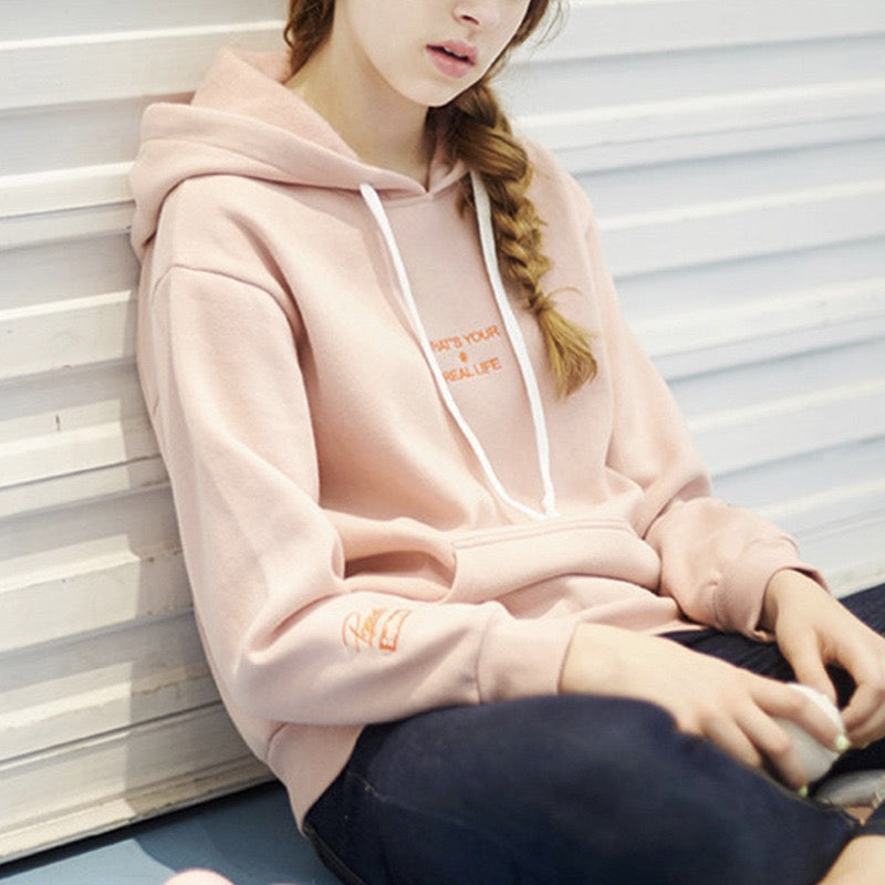 Autumn Winter Girls Warm Letter Embroidery Thick Fleece Drawstring Hoodie