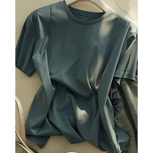 夏用ホワイトラウンドネックアイスシルク半袖Tシャツ