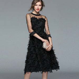 Elegant Solid Tassel Tulle Three Quarter Sleeve Cocktail Dress