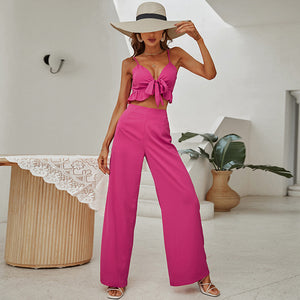 Rose Ruflle Tie Tank Top Backless Long Wide Flare Leg Pants Two Piece Set