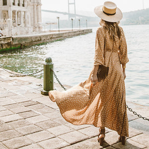 Long Sleeve Deep V Neck Polka Dot Maxi Dress
