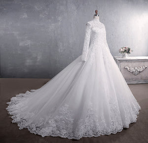 Lace Stand Collar Long Sleeve Big Train Plus Size Wedding Dress
