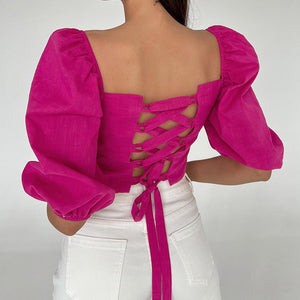 Backless Bowknot Tie Puff Sleeve Cotton Blouse