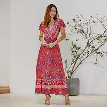 Load image into Gallery viewer, Boho Bohemian Floral Printed Wrap V Neck Short Sleeve Split Beach Party Maxi Dress
