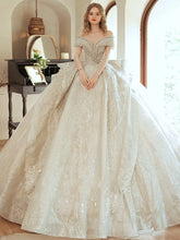 Load image into Gallery viewer, Off Shoulder White Beaded Embroidered Puffy Wedding Gown
