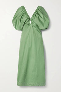 Puff Sleeve Cutout Cotton-blend Poplin Midi Pencil Casual Dress