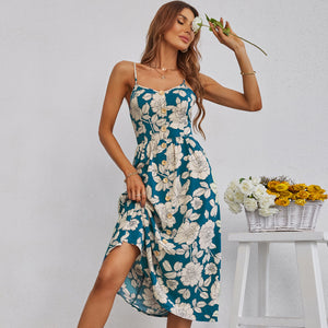 Floral Spaghetti Button Up Hollow Out Backless Casual Dress
