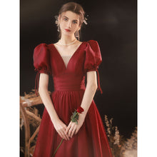 Load image into Gallery viewer, Maroon Marriage Banquet Princess Puff Sleeve Long Flare Evening Dress
