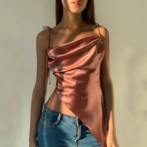 Tied Spaghetti Strap Bowknot Asymmetrical Ruched Crop Top