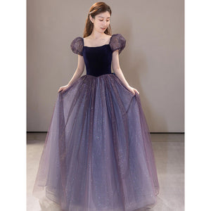Fancy Puff Sleeve Velvet Spliced Tulle Glittering Princess Performance Birthday Party Event Dresses