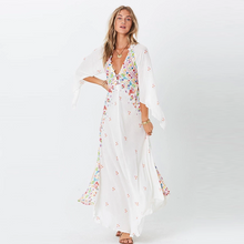 Load image into Gallery viewer, three-quarter sleeve V-neck bohemian clothing print floral boho dress
