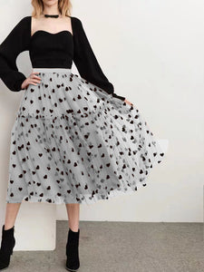 High Waist Heart Flocking Solid Pleated A Line Tulle Midi Skirt