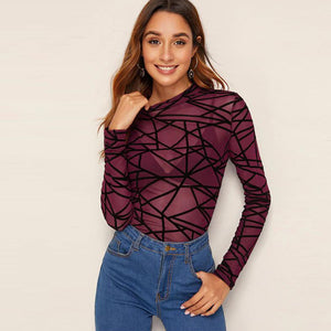 Sexy long sleeve 3 colors transparent sheer mesh nightclub T-shirt top